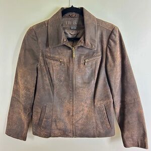 TRIBAL Y2K Genuine Leather Jacket Chocolate Brown Women's 6‎ Zip Fall Autumn